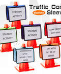 Set Of Six Traffic Cone Sleeve Covers With Pockets For Caution Signs And Outdoor Safety Includes Orange Blue Green Red Purple Colors For Clear Visibility During Training And Events displayed on cones