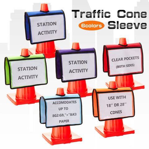 Set Of Six Traffic Cone Sleeve Covers With Pockets For Caution Signs And Outdoor Safety Includes Orange Blue Green Red Purple Colors For Clear Visibility During Training And Events displayed on cones
