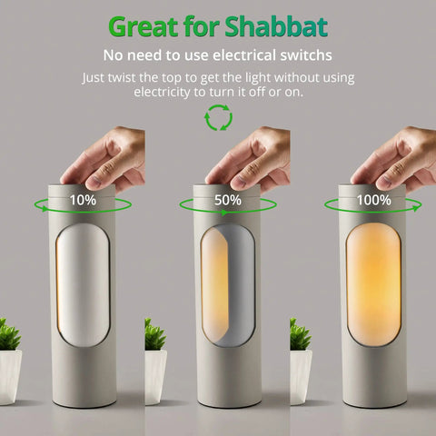 Hands adjusting brightness on Shabbat Friendly No Switch Twist Top Reading Lamp Kosher Lamp for Living Room or Bedroom
