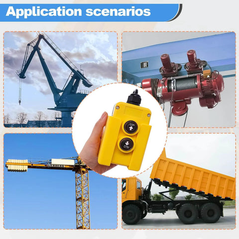 Hand holding Dump Trailer Remote Control Switch 12V DC Up And Down Control with application scenarios for lift gate trucks and tippers.