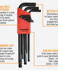 Triple Pack Ball End Hex L-Wrench Set With Fold-Up Star Torx, Inch And Metric Sizes featuring colored cases and Protanium steel