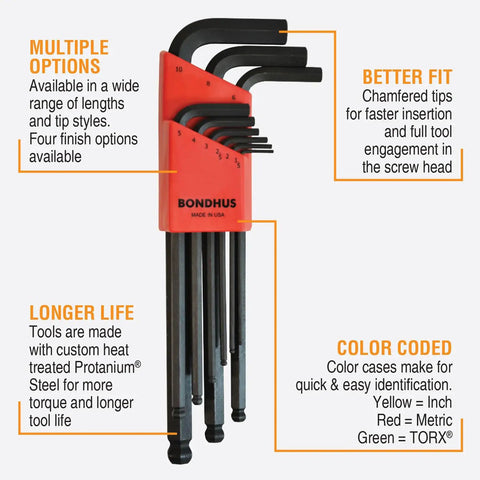 Triple Pack Ball End Hex L-Wrench Set With Fold-Up Star Torx, Inch And Metric Sizes featuring colored cases and Protanium steel