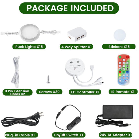 Lit Color Changing Under Cabinet Lights Kit With Remote And App Control Dimmable Puck Lights Music Sync Multicolor 24V package contents