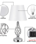 White Touch Table Lamps Set Of 2 With USB C Ports And USB A, spiral cage base, linen shade, LED bulb, and charging ports