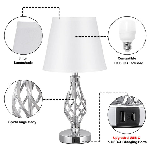 White Touch Table Lamps Set Of 2 With USB C Ports And USB A, spiral cage base, linen shade, LED bulb, and charging ports