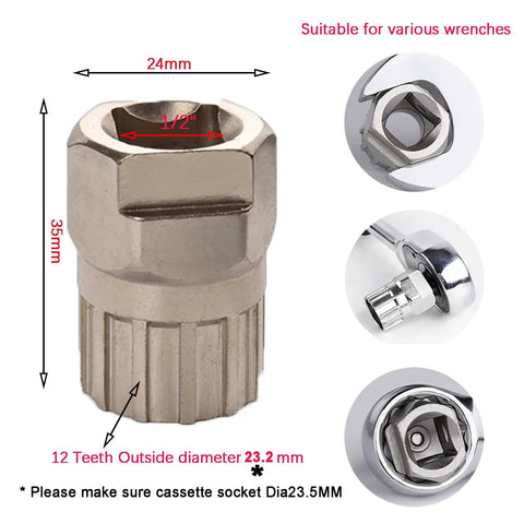 All In One Bike Cassette Tool Set Pro Grade With Chain Whip And Freewheel Lockring Removal, chrome tool close-up view