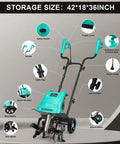 Electric Rototiller Garden Tiller with 12 inch tilling width, showing detailed parts including handle and trigger lever.