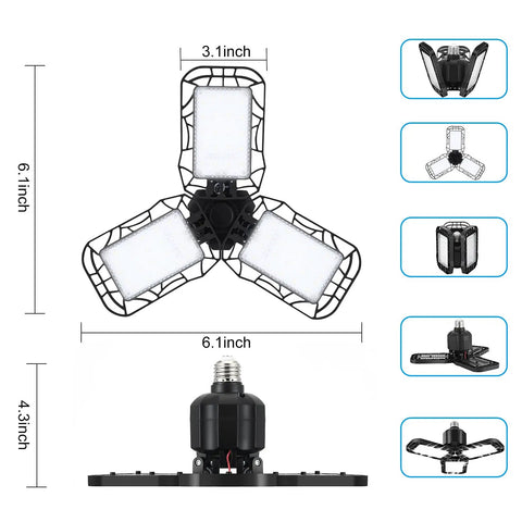 Ultra Bright LED Garage Light 45W 6500K Three Panel Fixture with measurements and E27 porcelain lampholder, black and silver
