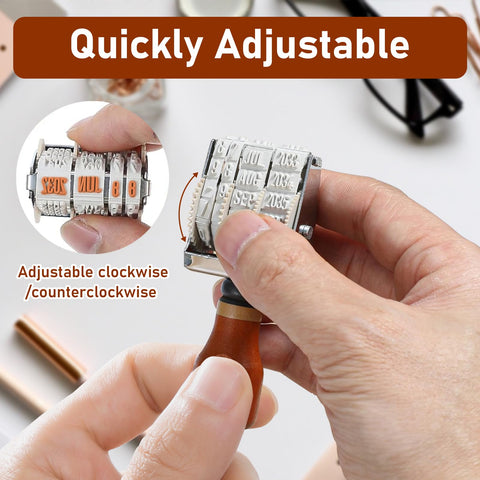 Dope Self Inking Roller Date Stamp Featuring Adjustable Day Month And Year Settings From 2025 To 2036 With A Solid Storage Base for easy date adjustments.