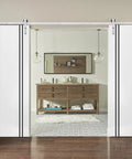 Heavy Duty Double Barn Door Kit With Rails And Hardware For Modern Interior Spaces, Two Solid Panel Slabs, 84 By 96 Inches