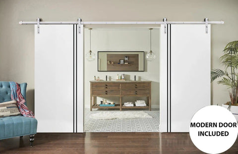 Heavy Duty Double Barn Door Kit With Rails And Hardware For Modern Interior Spaces, Two Solid Panel Slabs, 84 By 96 Inches