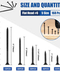 168 Piece Wood Screws Set For Wood And Drywall With Five Sizes From Six By One Half Inch To Six By Three Inch Black Carbon Steel Self Tapping Phillips Flat Head Screws Built Tough For DIYers And Pros diagram