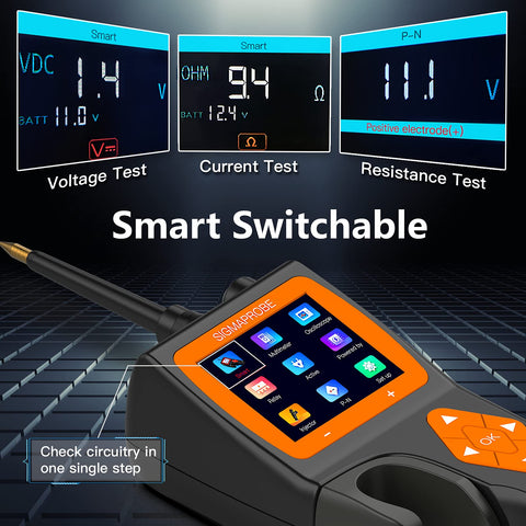 Power Circuit Tester Probe Kit Pro Grade For Automotive Use With Oscilloscope Mode showing voltage, current, and resistance tests