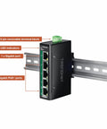Industrial 5 Port Gigabit PoE Plus DIN Rail Mini Switch With 4 PoE Plus Ports And 1 Gigabit Port, mounted on rail, front view