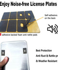 Black Anti Theft License Plate Screws Kit With Stainless Steel 1/4 Inch Security Mounting Hardware Includes Caps Inserts Rattle Proof Pads For Car Tags And Frame Mounting Easy Bolt On Tamper Proof Design showing adhesive backed rattle proof pads