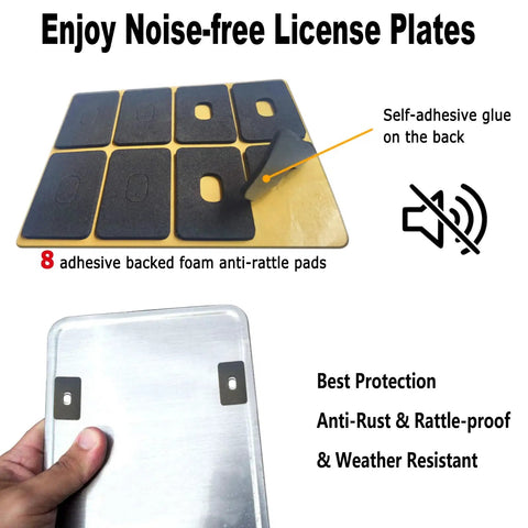 Black Anti Theft License Plate Screws Kit With Stainless Steel 1/4 Inch Security Mounting Hardware Includes Caps Inserts Rattle Proof Pads For Car Tags And Frame Mounting Easy Bolt On Tamper Proof Design showing adhesive backed rattle proof pads
