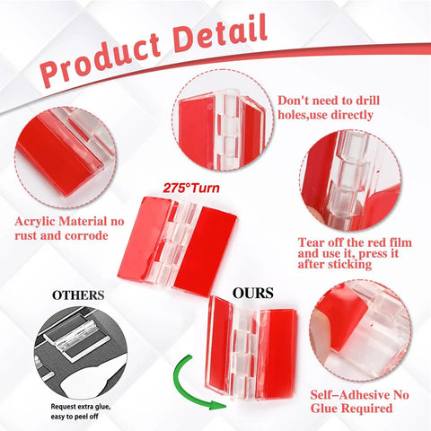 Slick Transparent Acrylic Hinges And Self Adhesive Latch Buckles Kit showing 275° turn mechanism and red adhesive backing.