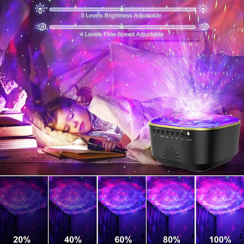 Lit Star Projector Galaxy Night Light with Remote and Timer projecting stars and ocean waves in a bedroom setting.