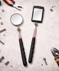 2 Pack Telescoping Inspection Mirror Set With LED Light, Flexible Round And Rectangular Heads, Extendable Automotive Inspection Tool For Under Car, Engine Bays, Ducts, And Tight Crevices on workbench
