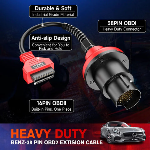 Mercedes Benz 38 Pin To 16 Pin OBDII Connector Adapter For Pre 2001 Cars, highlighting durable heavy-duty design and connectors