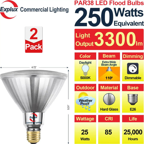 Diagram of 250 Watt Equivalent PAR38 LED Flood Light Bulbs 3300 Lumens Dimmable Full Glass Outdoor Waterproof Anti Aging 5000K Daylight Spotlight 2 Pack Ideal For Patio Yard Garage, showing bulb specifications and dimensions.