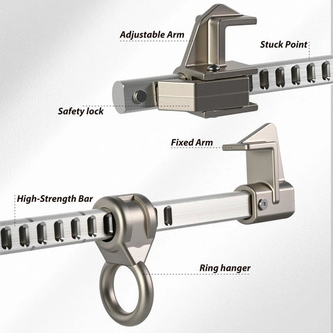 Detailed view of Smooth Aluminum Sliding Beam Anchor For I Beam with adjustable arm and safety lock features.