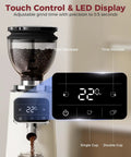 Tuni G3 Commercial Espresso Coffee Grinder With 64mm Flat Burrs, Stainless Steel Conical Mill, 100 Precision Grind Settings For Barista Grade Pour Over And French Press Brewing Perfection In Sleek Ivory showing touch control and LED display.
