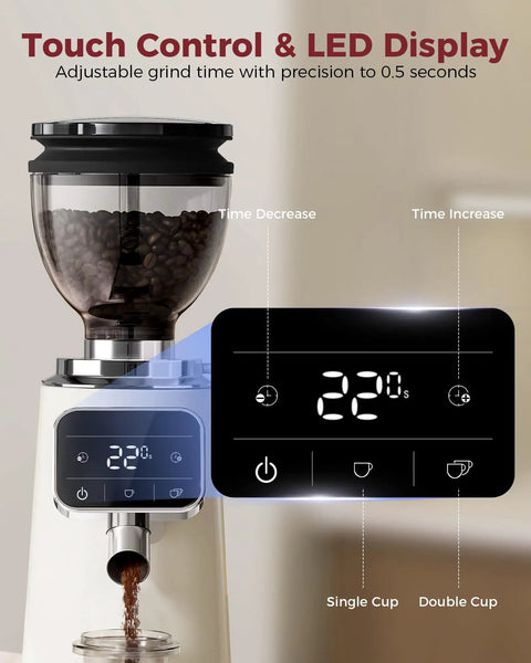 Tuni G3 Commercial Espresso Coffee Grinder With 64mm Flat Burrs, Stainless Steel Conical Mill, 100 Precision Grind Settings For Barista Grade Pour Over And French Press Brewing Perfection In Sleek Ivory showing touch control and LED display.