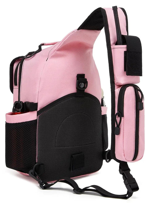 Pink Tactical Sling Crossbody Bag With Moveable Universal Holster 15L Capacity showing side pockets and adjustable straps