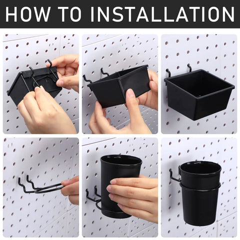 Installation of All In One Pegboard Organizer Kit With 3 Racks 3 Baskets 8 Bins 4 Cups 8 Hooks 4 Loops And Cup Holder For Garage