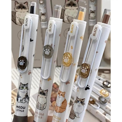 Four Pack Cute Cat Gel Pens Retractable 0.5mm Black Ink Writing Pens For Girls Women Boys Kawaii Aesthetic Cartoon Pens