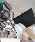 No Fuss Miter Saw Dust Bag Collection Kit Universal Table Saw Debris Catcher attached to miter saw, used for efficient dirt collection.