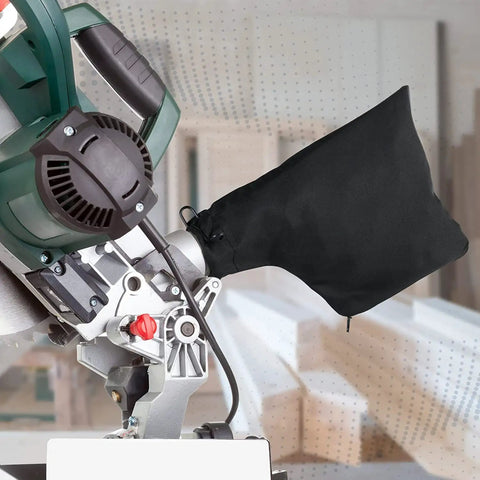 No Fuss Miter Saw Dust Bag Collection Kit Universal Table Saw Debris Catcher attached to miter saw, used for efficient dirt collection.