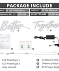 Oh Baby Neon Sign With Dimmer Switch For Wall Decor package contents including LED neon signs, dimmer, and power adapter.