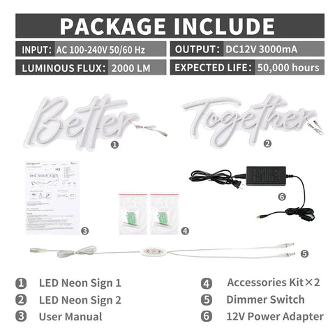 Oh Baby Neon Sign With Dimmer Switch For Wall Decor package contents including LED neon signs, dimmer, and power adapter.
