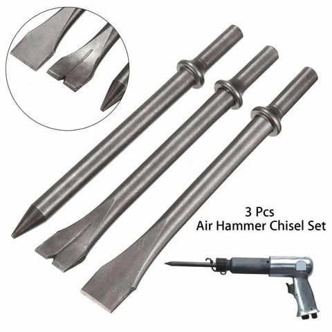 Heavy Duty Air Hammer Kit With 3 Long Bits For Punching And Chipping Metal Perfect For Auto Repair And Construction Jobs Where You Need Serious Power And Precision, 3-piece steel chisel set