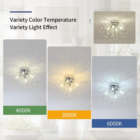 Color temperature variations of 4 Light Crystal Sputnik Ceiling Fixture Chrome Finish Semi Flush Mount For Bedroom Kitchen Hallway Entryway And Bathroom With G9 LED Bulbs Not Included 9.5 Inches High By 17.7 Inches Wide Sleek Glam Statement Light.