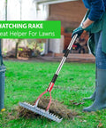 15 Inch Lawn Dethatcher Rake With Steel Handle Pro Grade Heavy Duty Thatch Remover in use on a green lawn with a steel handle.