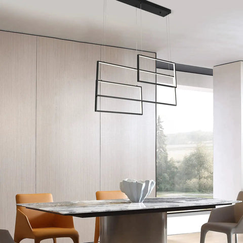Contemporary LED Square Pendant Light Chandelier In Black, Dimmable Adjustable Cord Length, Ideal For Dining Room, 36 Inch
