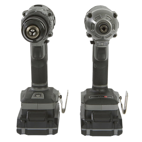 Front view of Brushless 20 Volt Drill Driver And Impact Driver Kit With One Half Inch And One Quarter Inch Chucks Dual Speed Gearbox