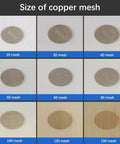 Grid showing various sizes of copper mesh, ranging from 20 to 150 mesh, for impurity filtration and EMF shielding.