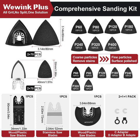 151 Piece Oscillating Tool Detail Sanding Pads Kit With 2 Finger Pads And 2 Triangle Pads, displayed with assorted grits and saw blades.