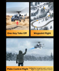 Military Style RC Helicopter With 8K Camera And Built In Screen Remote demonstrating one-key takeoff, waypoint, and palm control flight.