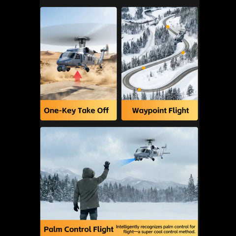 Military Style RC Helicopter With 8K Camera And Built In Screen Remote demonstrating one-key takeoff, waypoint, and palm control flight.