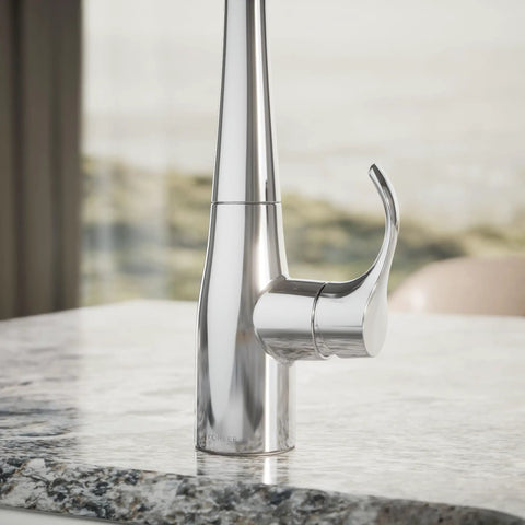 Single Handle Kitchen Bar Faucet For Prep Sink with Single Hole Installation polished chrome base on granite countertop