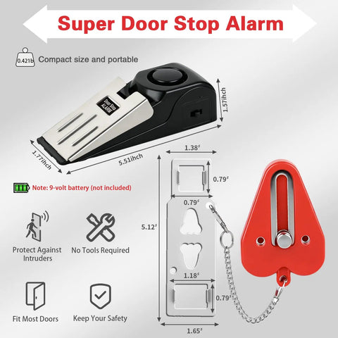 Dimensions and features of the Dual Protection Door Lock Alarm Kit For Travel And Home Use On The Go Security in red.
