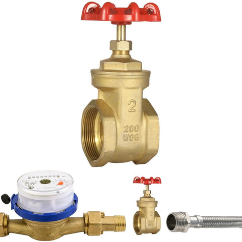 Heavy Duty 2 Inch NPT Brass Gate Valve With Red Wheel Handle Female X Female Thread Manual Rotary Shut Off Valve For Water Oil Gas Plumbing And HVAC Systems High Pressure Leak Proof Flow Control with accessories
