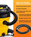 Flexible One And A Quarter Inch Diameter Four Foot Vacuum Hose Replacement For Wet And Dry Vacuums attached to yellow vacuum