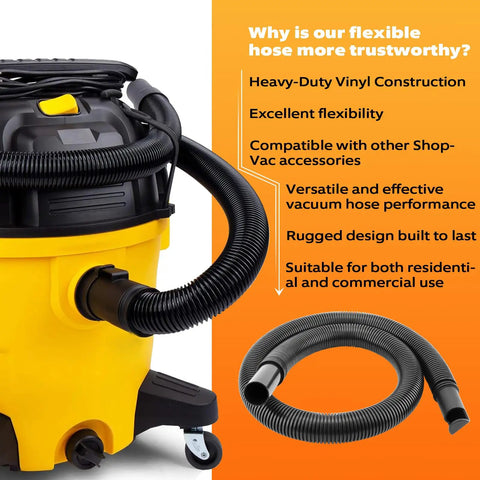 Flexible One And A Quarter Inch Diameter Four Foot Vacuum Hose Replacement For Wet And Dry Vacuums attached to yellow vacuum