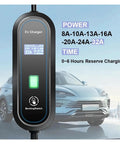 Heavy Duty Portable Ev Charger With Type Two And J1772 Adapters displays power settings for charging electric vehicles.